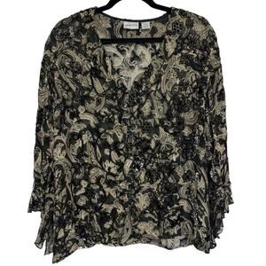 Vintage Chico’s Velvet Semi-Sheer Ruffle V-Neck Button-Down - Size 2 (L)